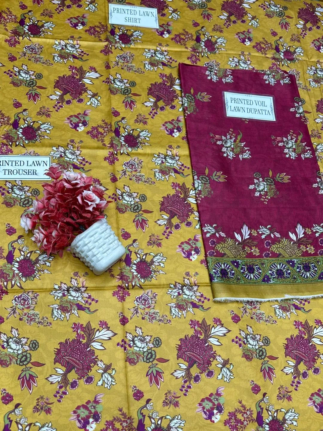 Unstitched Printed Lawn Suit Golden Floral Peacock Pattern