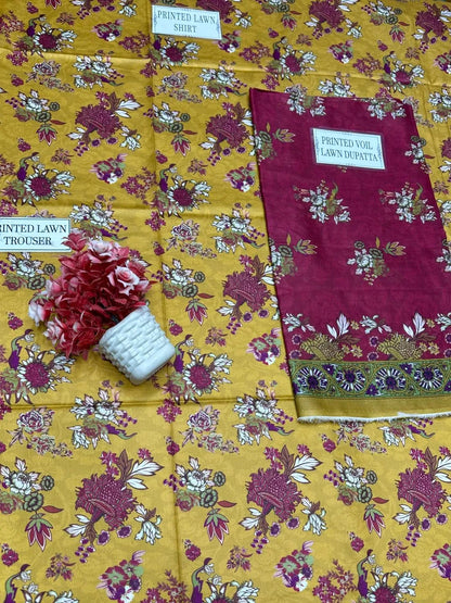 Unstitched Printed Lawn Suit Golden Floral Peacock Pattern
