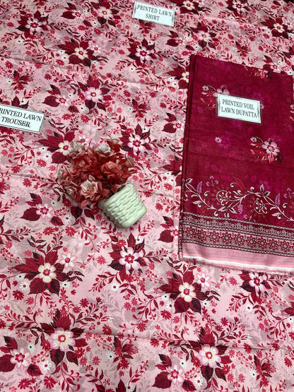 3-Piece Printed Lawn Suit Pink Red Floral Summer Wear