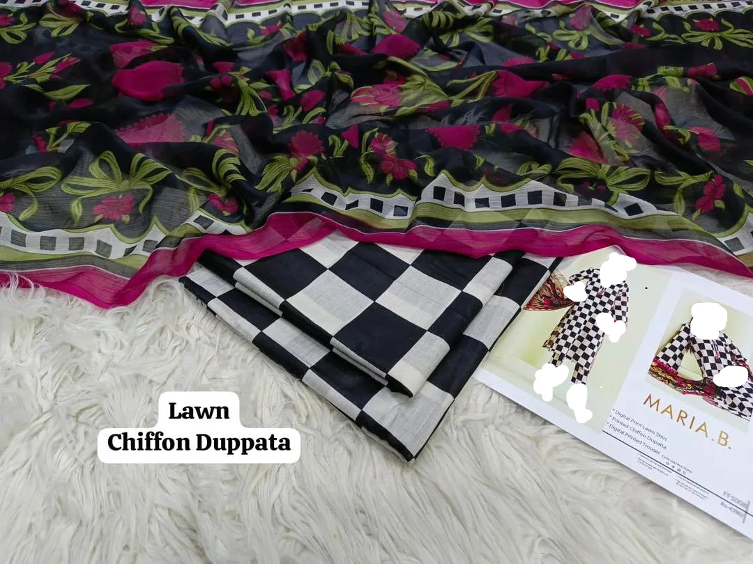 Lawn Printed Shirt Dupatta Set Black 3 Pcs