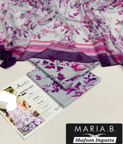 Purple Printed Lawn 3Pcs Set for Women