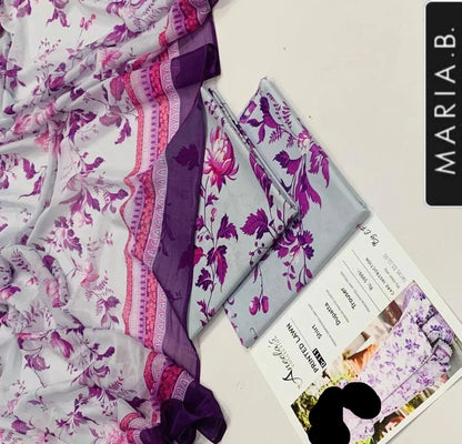 Purple Printed Lawn 3Pcs Set for Women