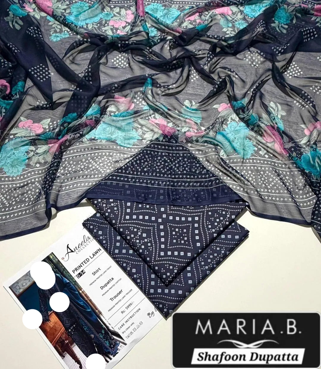 Maria B Navy Blue Printed Dupatta Set