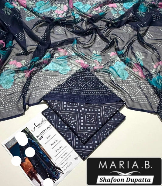 Maria B Navy Blue Printed Dupatta Set