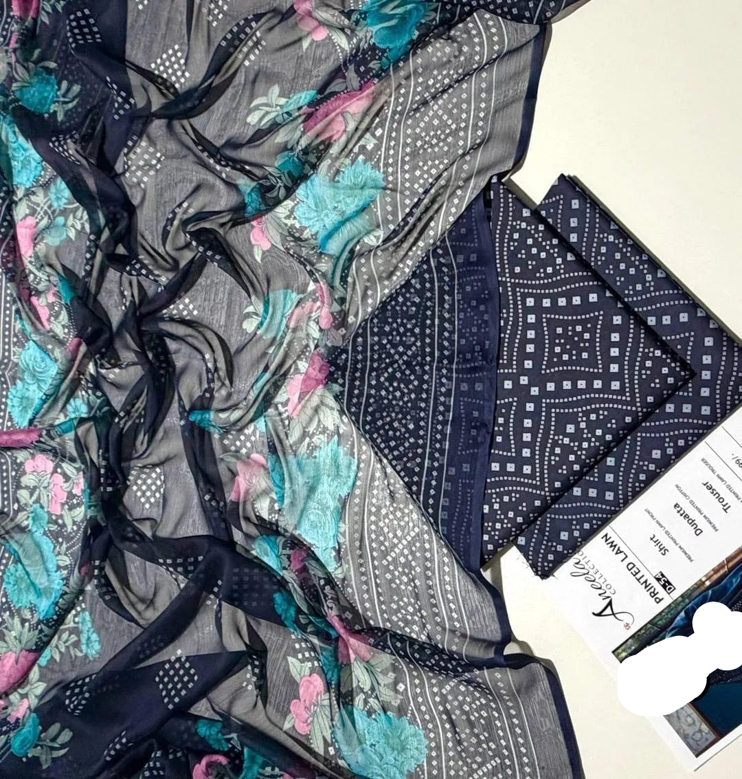 Maria B Navy Blue Printed Dupatta Set