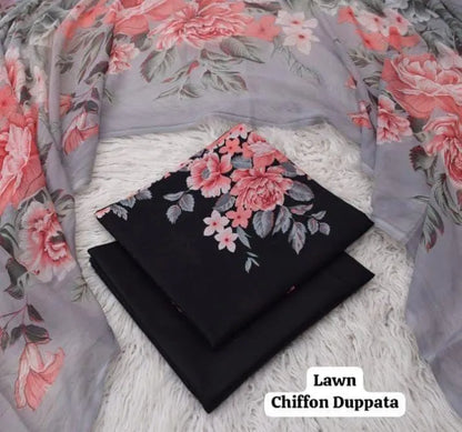 Black Chiffon Lawn Dupatta with Floral Embroidery