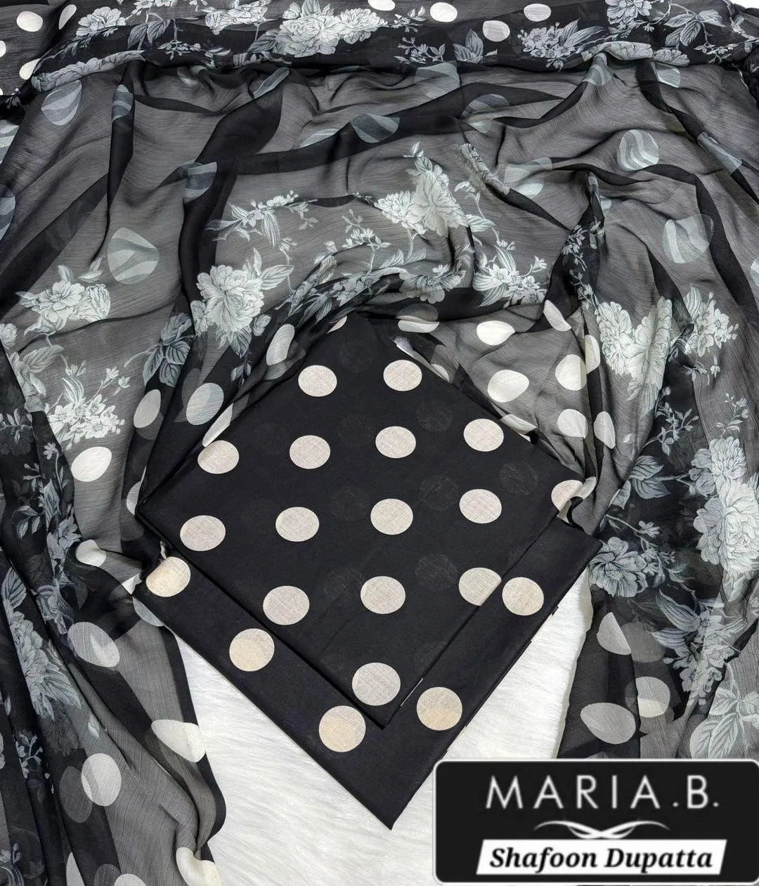 Black Polka Dot Shufoon Dupatta Maria B