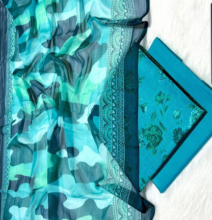 Shafoon Dupatta Blue Teal Floral Pattern
