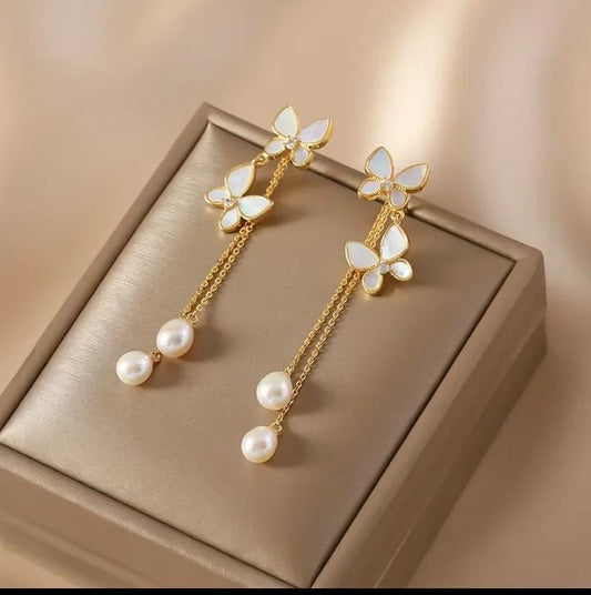 Butterfly Hanging Gold Plated Artificial Stones Earrings