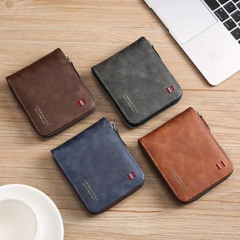 Men's Slim Leather Wallet Zipper Black Brown Blue Grey