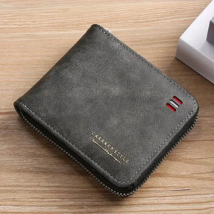 Men's Slim Leather Wallet Zipper Black Brown Blue Grey