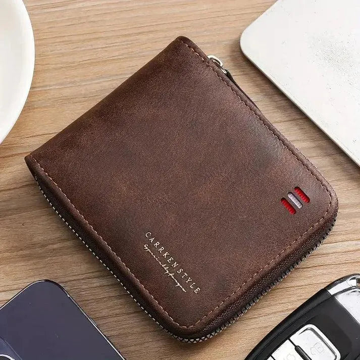 Men's Slim Leather Wallet Zipper Black Brown Blue Grey