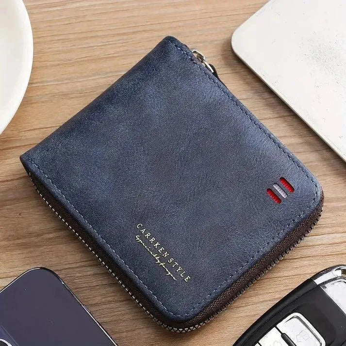Men's Slim Leather Wallet Zipper Black Brown Blue Grey