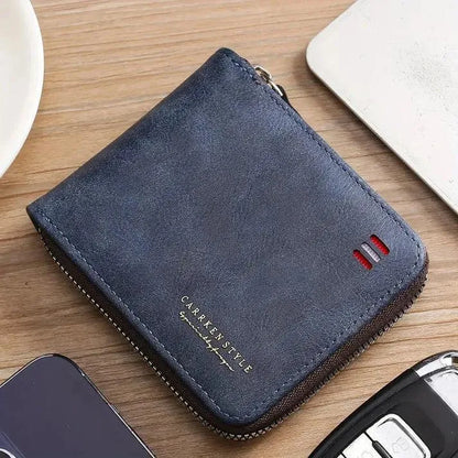 Men's Slim Leather Wallet Zipper Black Brown Blue Grey