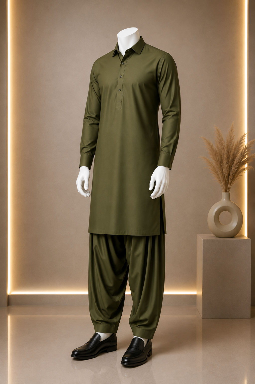 Olive Green Boski Unstitched Suit for Men