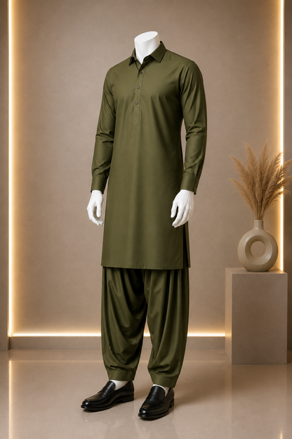 Olive Green Boski Unstitched Suit for Men